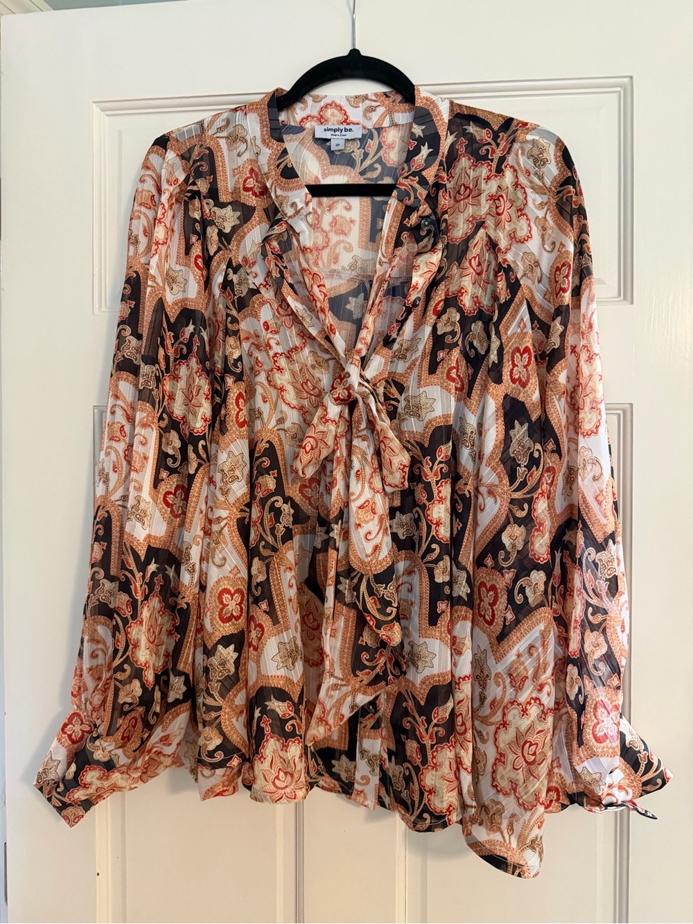 Simply Be Paisley Tie-Neck Blouse in Brown, Cream and Rust